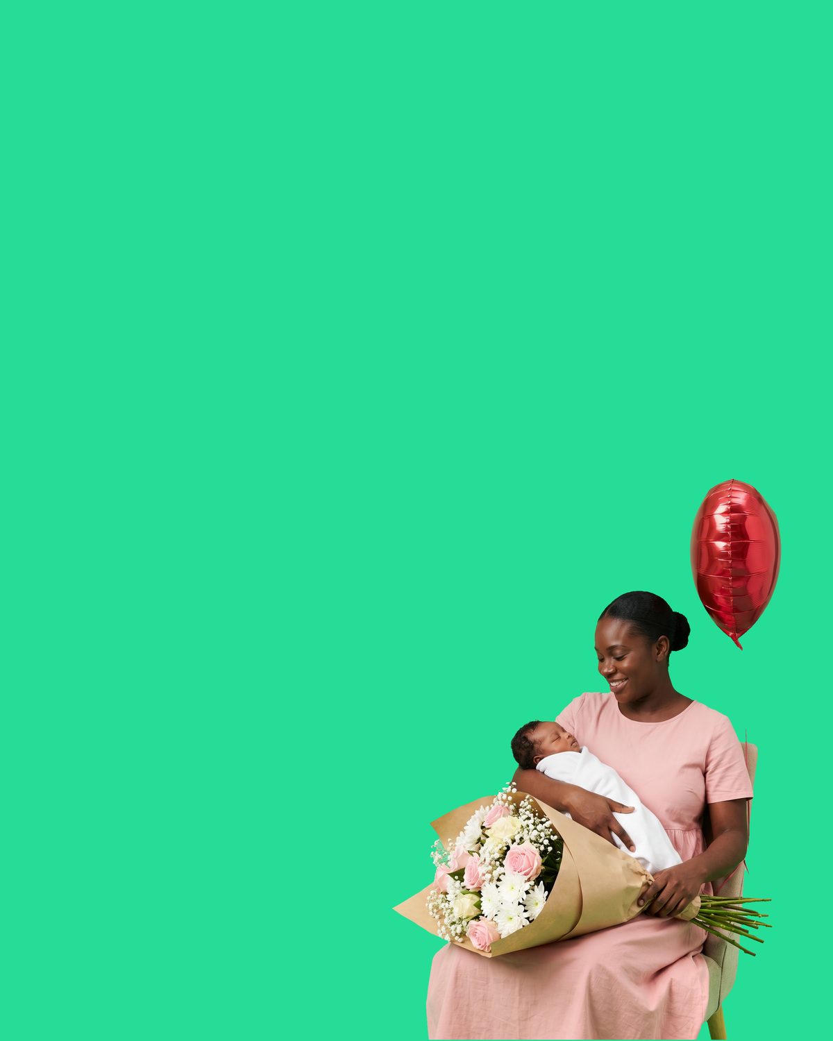 A new mother in a pale pink dress, seated and smiling down at her newborn asleep in her arms, wrapped in a white blanket, a full kraft-wrapped bouquet of pink roses and white chrysanthemums across her lap and a red foil balloon tied to the back of her chair